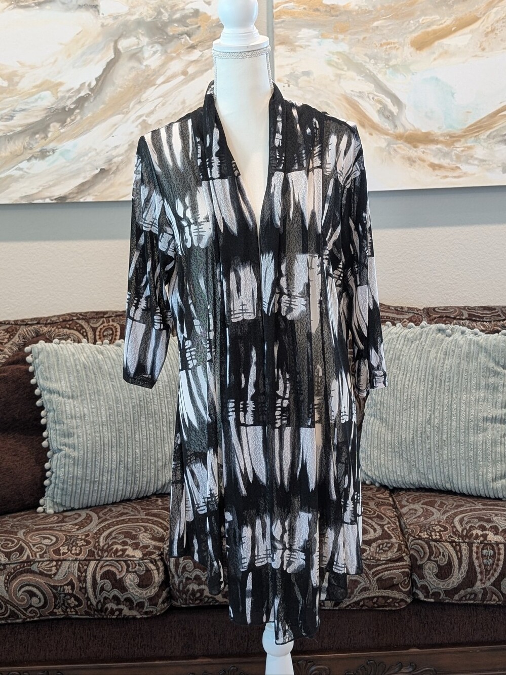 Black and White Patterned Lightweight Duster Cardigan